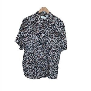 Elisabeth Liz Claiborne Womens Size 14P Button Front Blouse Leopard Print Pocket